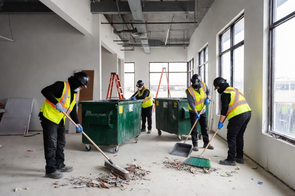 Construction cleaning team performing detailed jobsite cleaning in a commercial building in Tampa Florida