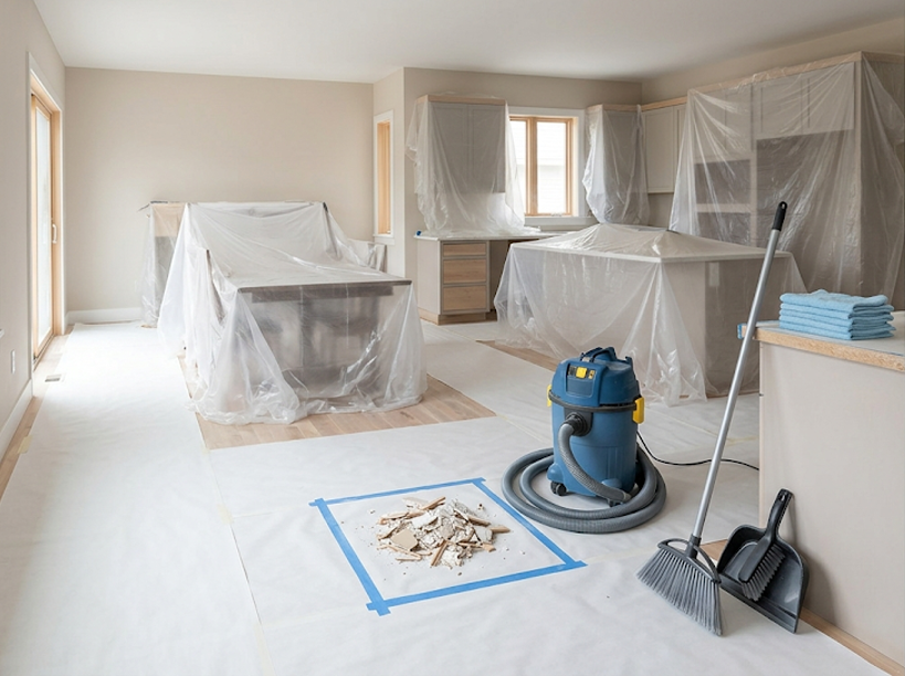 Organized renovation site with light construction dust and debris prepared for professional cleaning in Tampa Bay