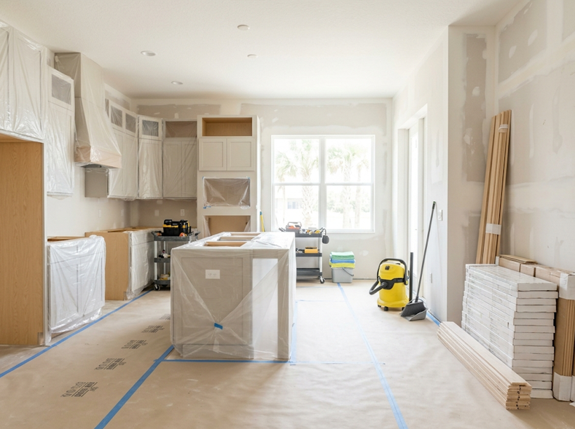 Organized construction jobsite with protected floors and cleaning supplies for recurring construction cleaning in Tampa Bay