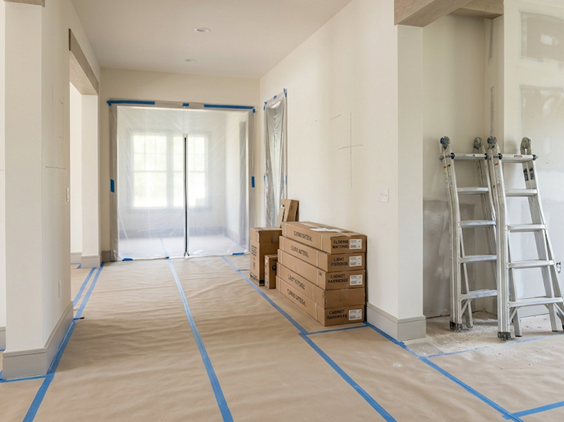 Organized residential remodel with protected floors and light construction dust for professional cleaning in Tampa Bay