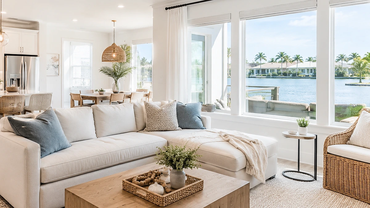 Clean coastal Florida home interior overlooking water in Tampa Bay